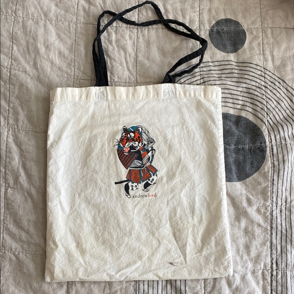 Cream and black cotton vintage Andrew Bird Tote Bag